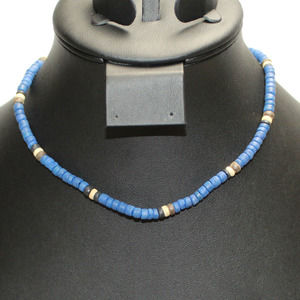 Blue Brown Tan Coconut Shell Bead Boho Surfer Choker Necklace